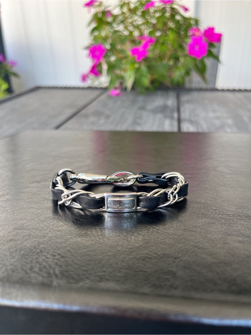 henri bendel Black Leather & Silver Chain Bracelet